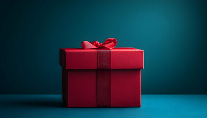 Red Gift Box with Ribbon on Teal Background