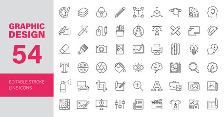Graphic Design icon set. Computer graphics related icons: creative tools, painting, drawing, designer, digital art, portfolio, software and more. Editable line icons. Vector illustration.