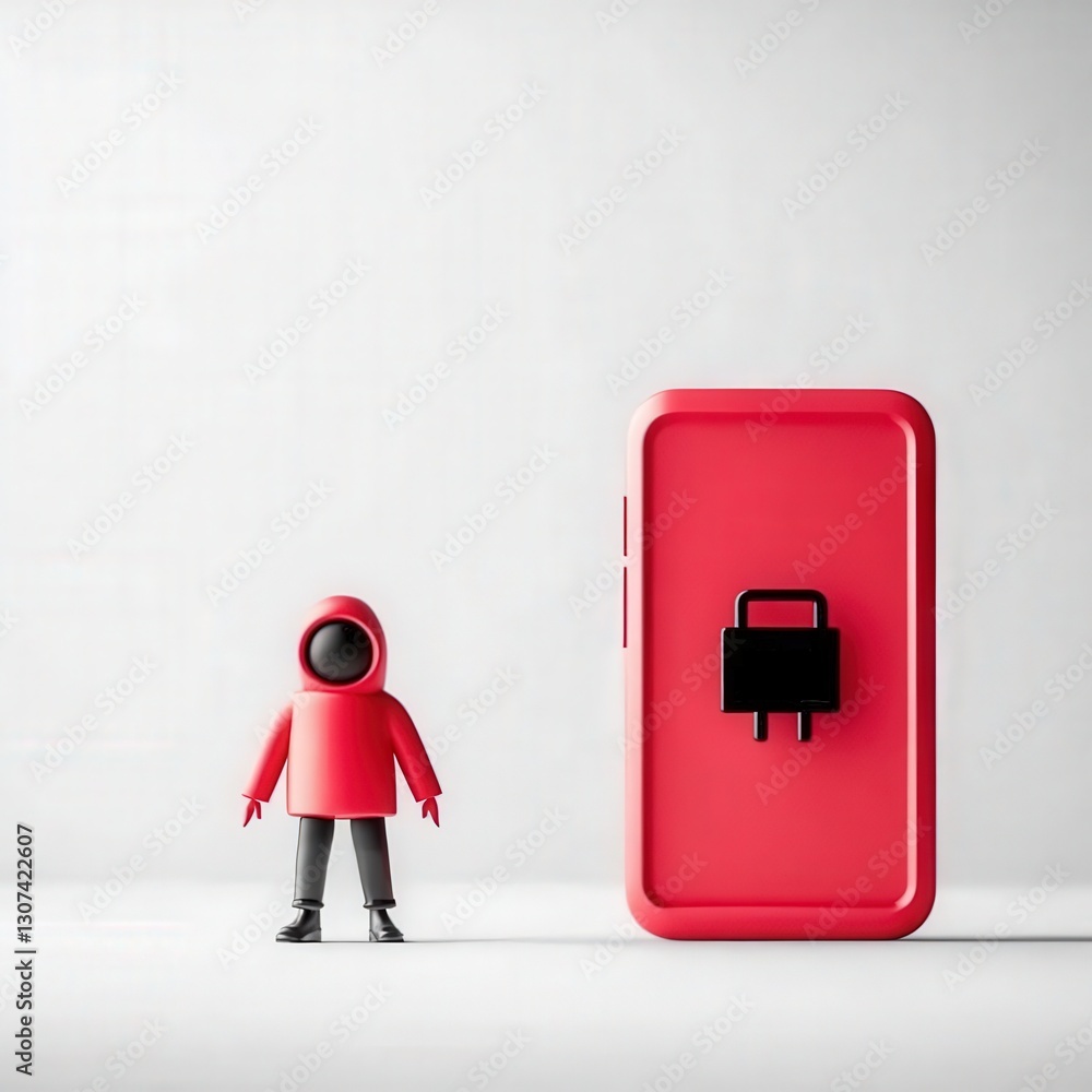 Poster mobile payment security platform concept. red device beside a small figure in a futuristic setting.