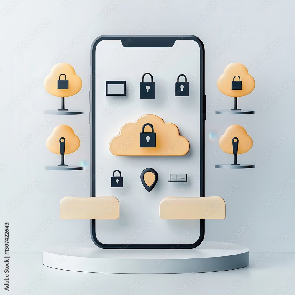 Poster mobile payment security platform concept. mobile device showcasing cloud security features and icons