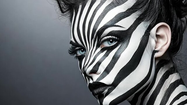 Woman with zebra face paint, close up portrait against gray background. Possible use stock photo for beauty, makeup, or artistic concepts