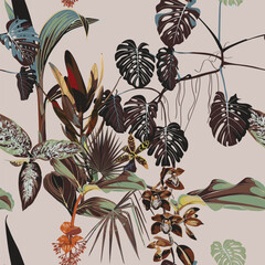 Tropical botanical landscape, palm tree, banana tree, exotic flowers, plant floral  border background. Exotic jungle wallpaper.