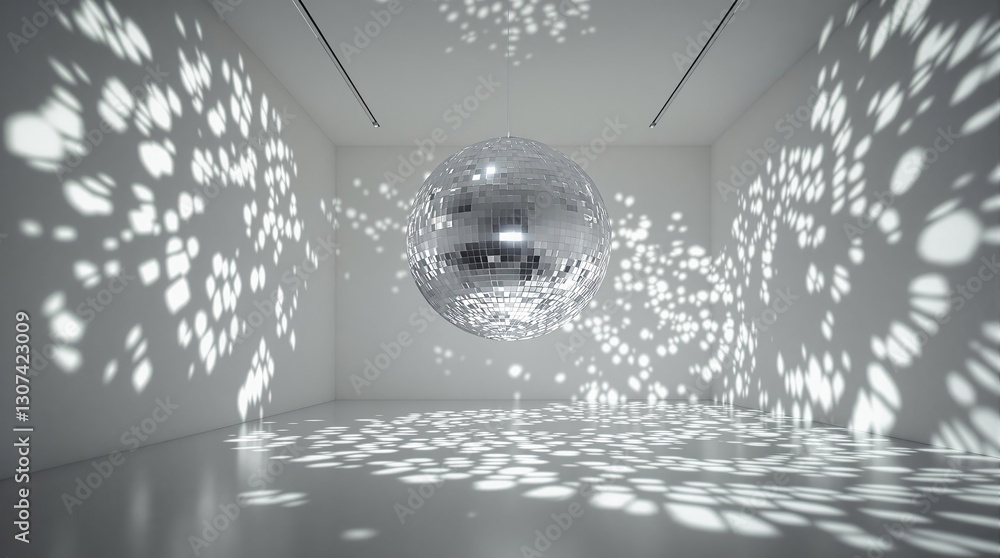 Poster the image depicts a reflective disco ball situated in an empty, minimalist room, casting intricate l