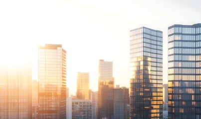 Obraz premium Modern skyscrapers bathed in golden sunlight against a clear sky.