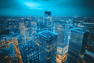 Obraz premium Futuristic Digital Network Overlay Connected Through High Rise City Buildings