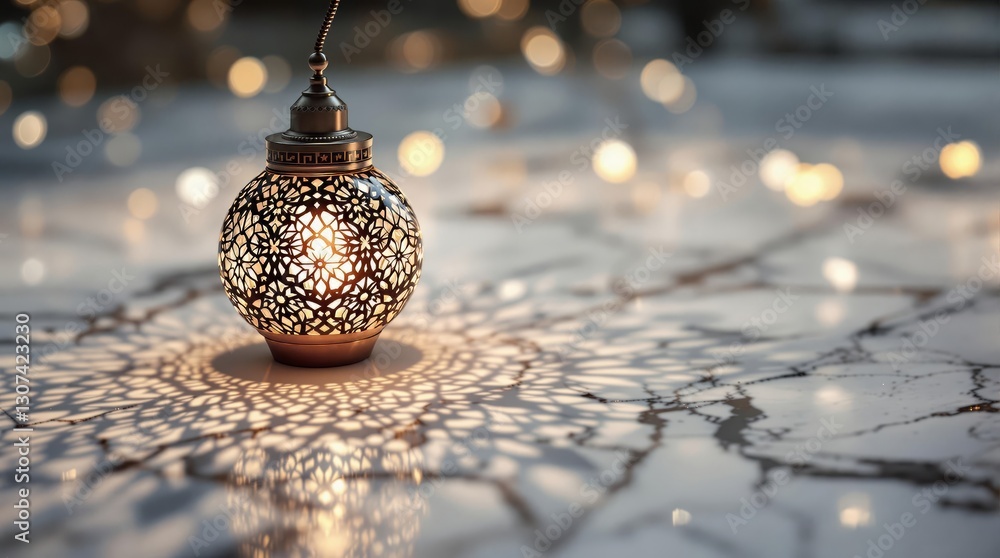 Poster a beautifully crafted lantern casting intricate shadows on a marble surface, surrounded by soft ambi