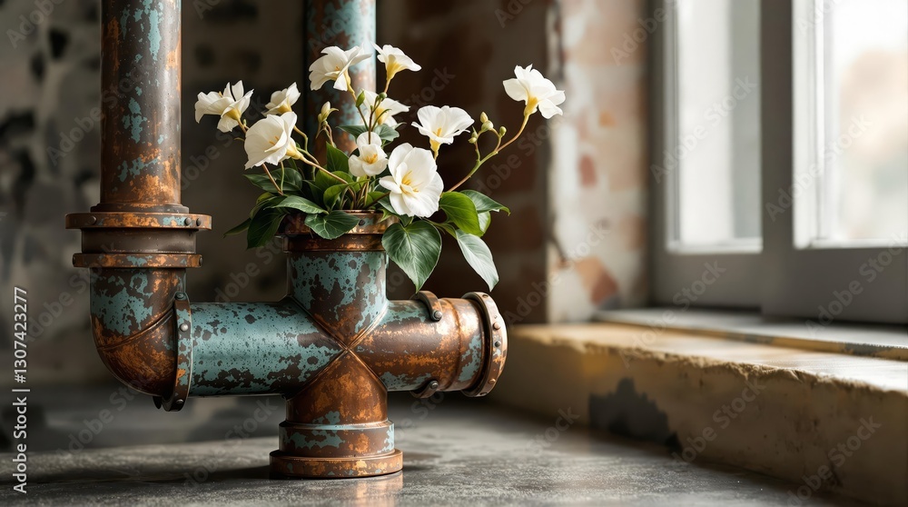 Poster a collection of white flowers is elegantly arranged within a rusted copper pipe, set against a backd