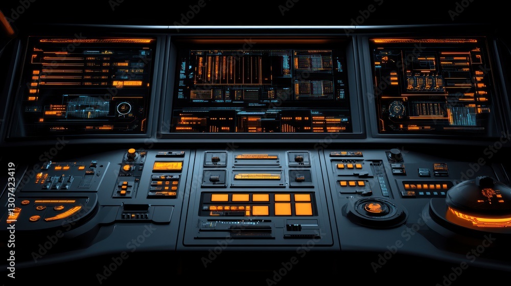 Poster futuristic control panel interface: sci-fi technology dashboard