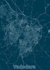 The image showcases a detailed map of Vadodara, India, rendered in a minimalist style. The map is dominated by a deep blue background, with white lines representing roads and streets.