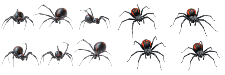 On a white background, an isolated view of a female Red back and Black Widow spider is shown