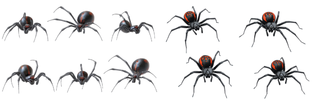 On a white background, an isolated view of a female Red back and Black Widow spider is shown