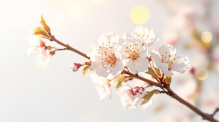 Fototapeta premium A branch of delicate cherry blossoms against a soft, blurred background.