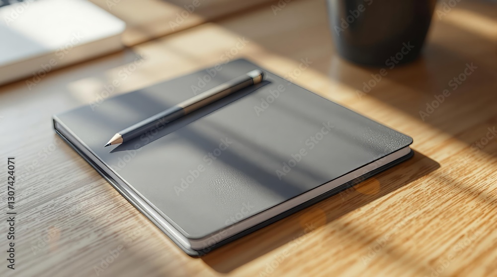 Poster a sleek black notebook with a pen resting on it, placed on a wooden surface.