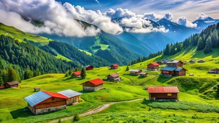 Fototapeta premium Panoramic Camlihemsin Plateau: Rize, Turkey - Scenic Meadow & Wooden Chalets