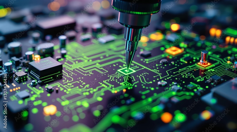 Poster a close-up view of a circuit board featuring intricate electronic components and glowing connections