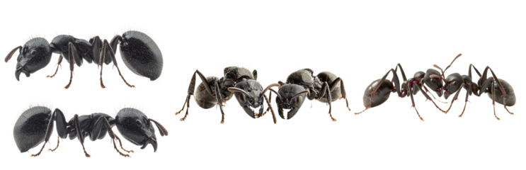 On a white background, a solitary black ant, known as a Carpenter ant, is displayed