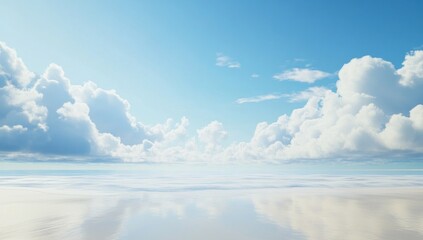 Obraz premium Serene, sunlit sky with fluffy clouds over a calm, reflective, white surface.