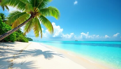 Sandy tropical beach with palm trees and turquoise water, sand, sunny