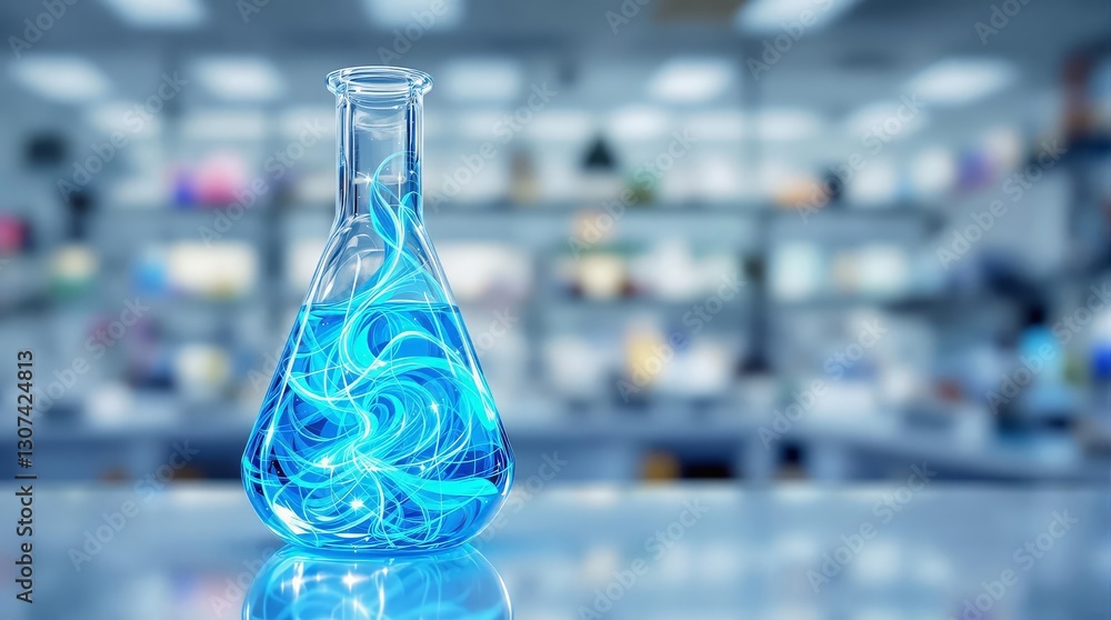 Poster a laboratory scene featuring a flask filled with vibrant blue liquid, surrounded by a blurred backgr