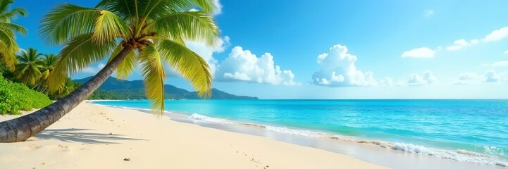 Obraz premium Scenic view of palm tree on deserted sandy shore, beach, palm tree