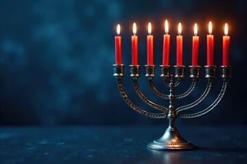Fototapeta premium Candles on a hanukkah menorah with a small pool of water, silver, rabbi, menorah