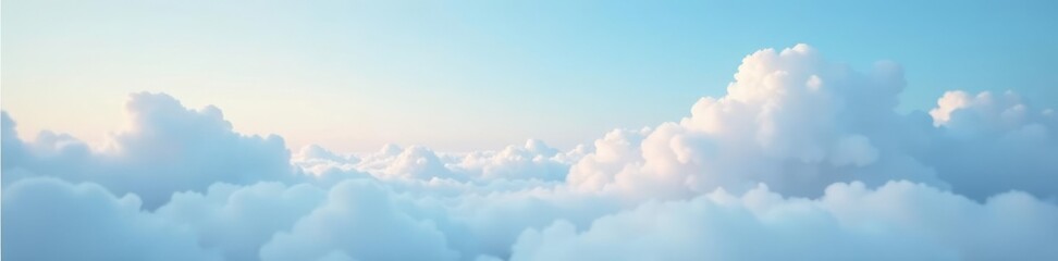 Calm morning sky with fluffy white clouds and soft blue hues, misty, nature