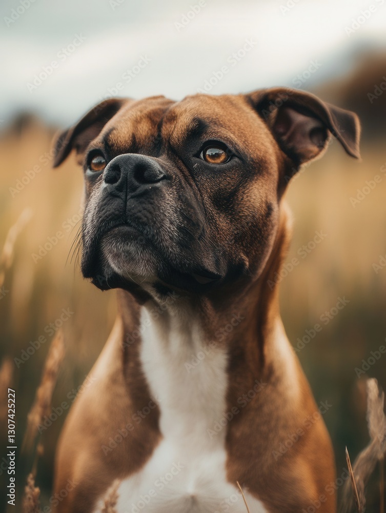 Aufkleber brown boxer dog stands proudly in a grassy field during golden hour, showcasing its striking feature