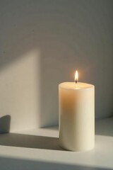 Calm evening scene with flickering white candle, calm, evening, shadows