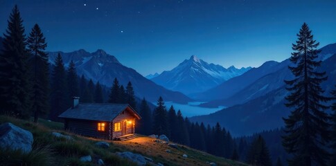 cabin nestled in mountain woods under starry night sky, landscape, mountains