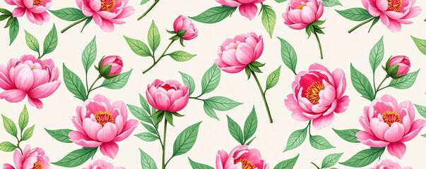 Seamless vector pattern with delicate pink peonies and green leaves, background, vector