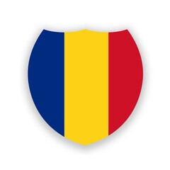 Romanian national flag in the shape of a shield isolated on white. Illustration. Flag of Romania