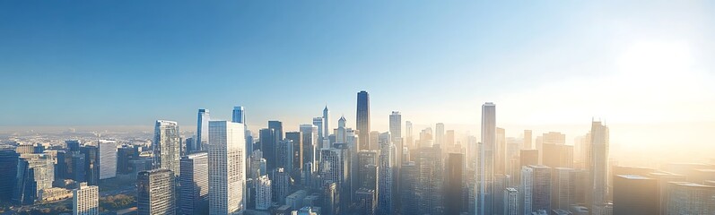 A panoramic view of a modern city skyline under a bright blue sky at sunrise.
