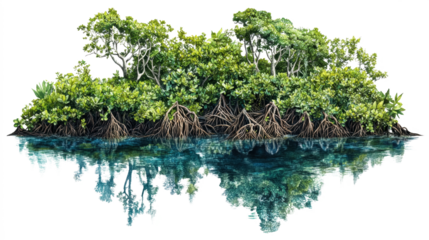 Amazon Mangrove Trees with Reflections in Calm Water on Transparent Background. Amazon Mangrove Landscape Element