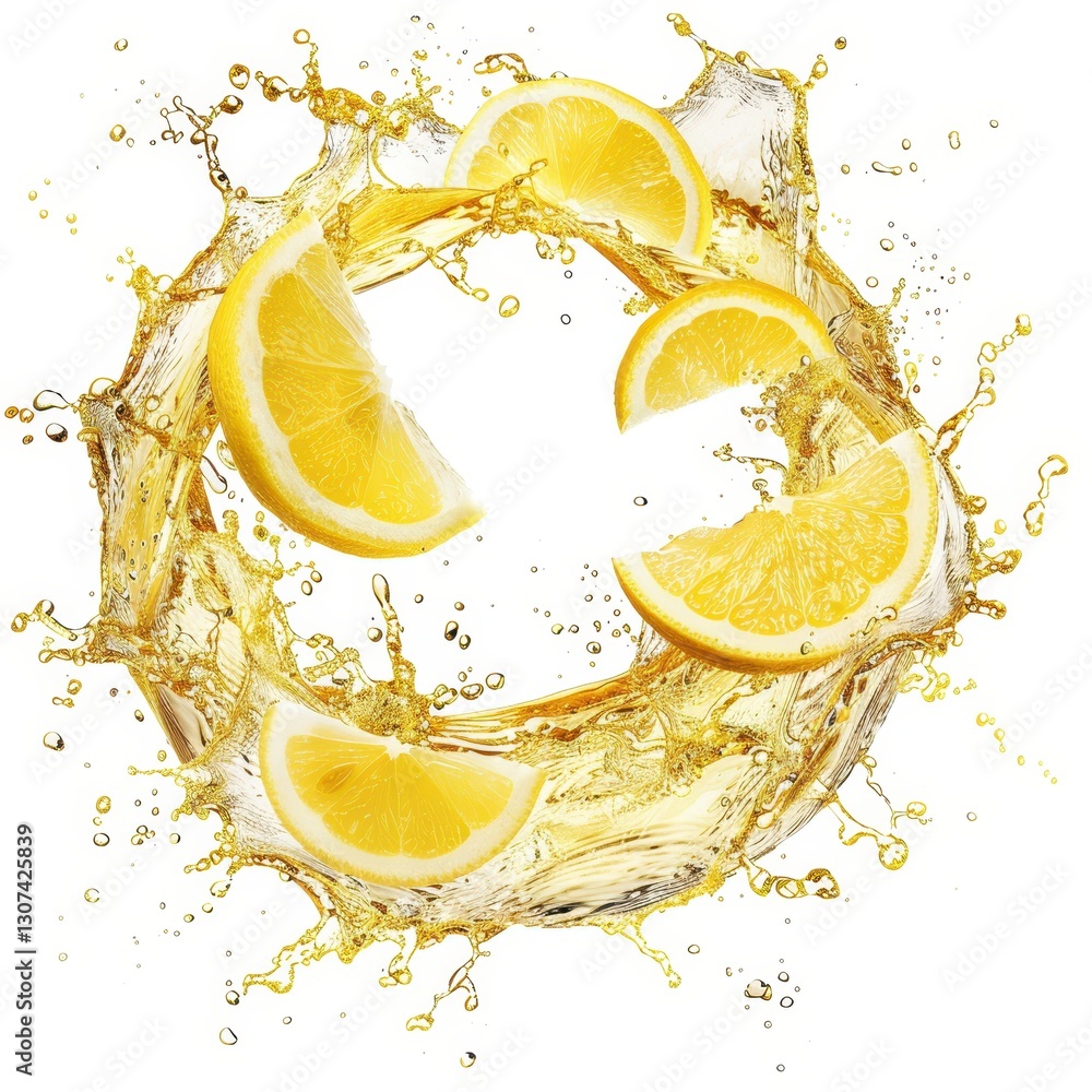 Poster dynamic circular splash of refreshing soda with lemon wedges creating a whirl of citrus delight