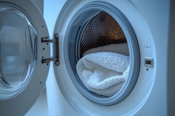 Close-up of a washing machine drum with fresh white laundry inside. Clean clothes, modern household appliance, and hygiene concept. Perfect for laundry, cleaning, and home care themes