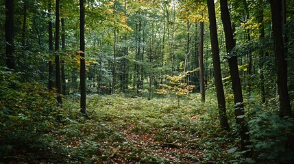 Obraz premium A Forest Scene Featuring Many Tall Trees and Greenery