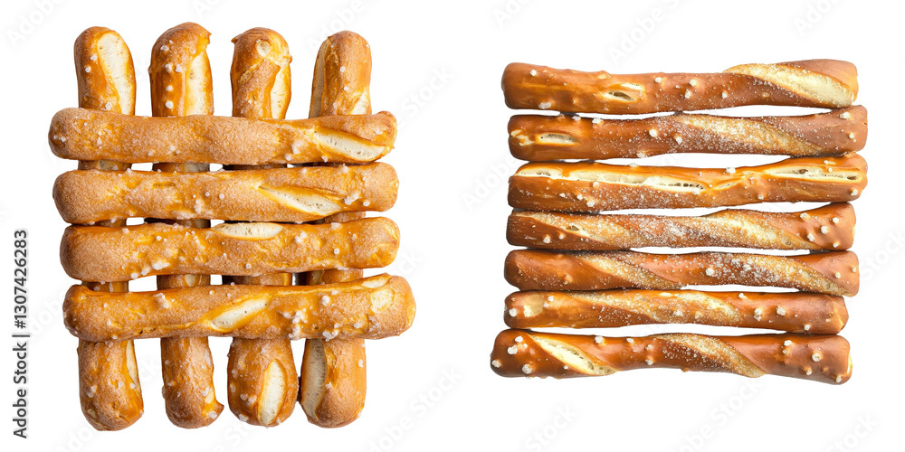 Poster salty cracker flavored pretzel sticks are positioned alone on a white background