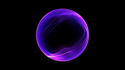 Abstract luminous sphere of shiny pink and blue particles of magical glow on a dark background. Energy ball of bright dots orb. Purple movement of a spherical sphere.