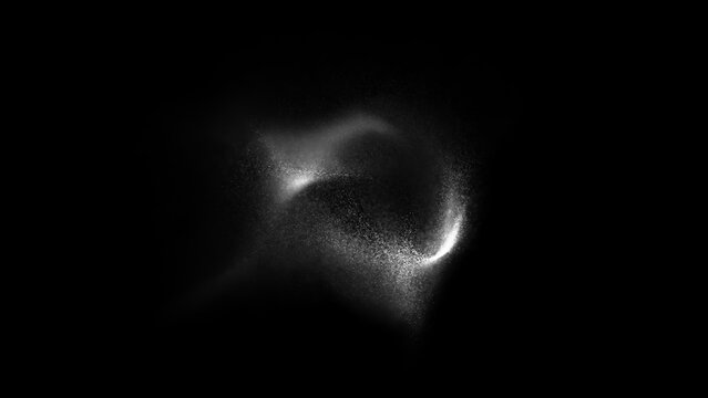 Abstract sand motion. Gray grains on black background. Dust particles swirl. Defocused particles. 4k storm. Explosion of silver particles. Big explosion. Random particle turbulence.