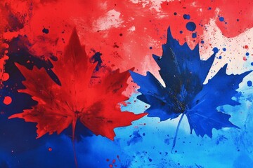 Vibrant red and blue maple leaves on abstract background