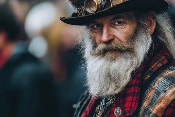 Portrait of an elderly man in a plaid jacket and hat with a long beard, looking at the camera during the steampunk festival. Photorealistic, cinematic shot.