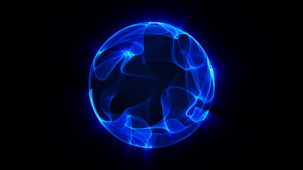 Glowing blue sphere. Wavy orb on isolated black background. Abstract blue energy sphere from particles and waves of magical glowing on a dark background, 4k, 