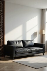 Sleek black leather sofa in a minimalist living room with geometric accents, stylish, furniture
