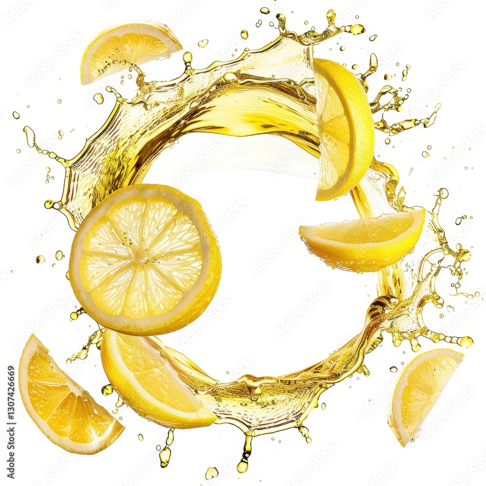 Poster refreshing citrus splash with lemon slices in a circular swirl of soda and liquid