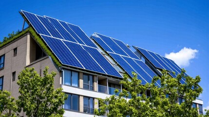 Fototapeta premium Blue Solar Panels on a Brick Building Rooftop