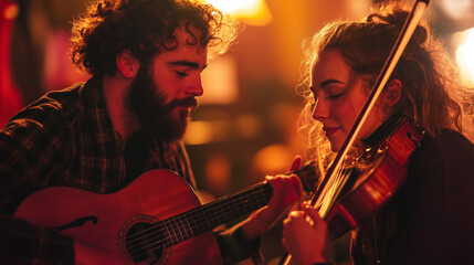 Fototapeta premium A photo of an intimate acoustic session at Celtic Connections Festival, where a guitarist and a violinist sit close together, deeply immersed in their performance
