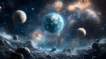 Space Planet View, Digital Art of Earth-like planet in deep space with stars and asteroid surface