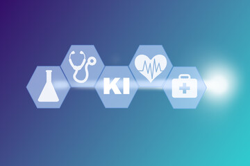 Schlagwort KI im medizinischen Bereich mit Symbolen zu Diagnostik und Forschung