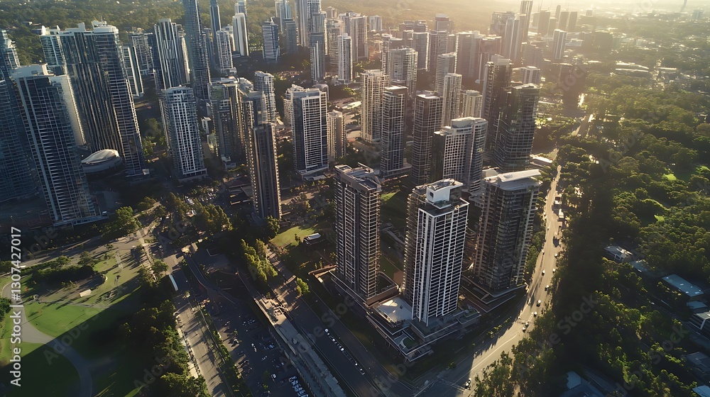 Poster aerial view of a modern city skyline featuring innovative architecture and greenery.