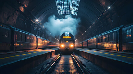 Train Arrival at Station underground with smoke and tunnel view